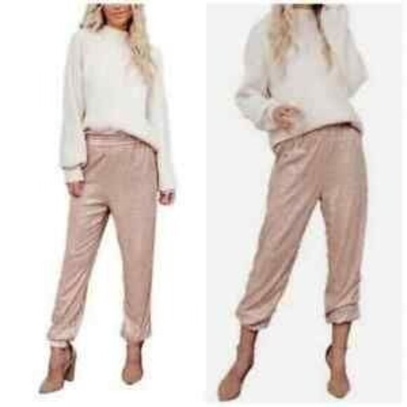 By Anthropologie Pants - NWT By Anthropologie Womens Size S Metallic Jogger Pants Elastic Waist Pink Rose